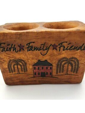 Rustic Wood Candle Holder Faith Family Friends Primitive Farmhouse Decor